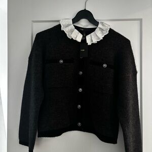 Maje Charcoal Wool Blend Cardigan with White Lace Collar